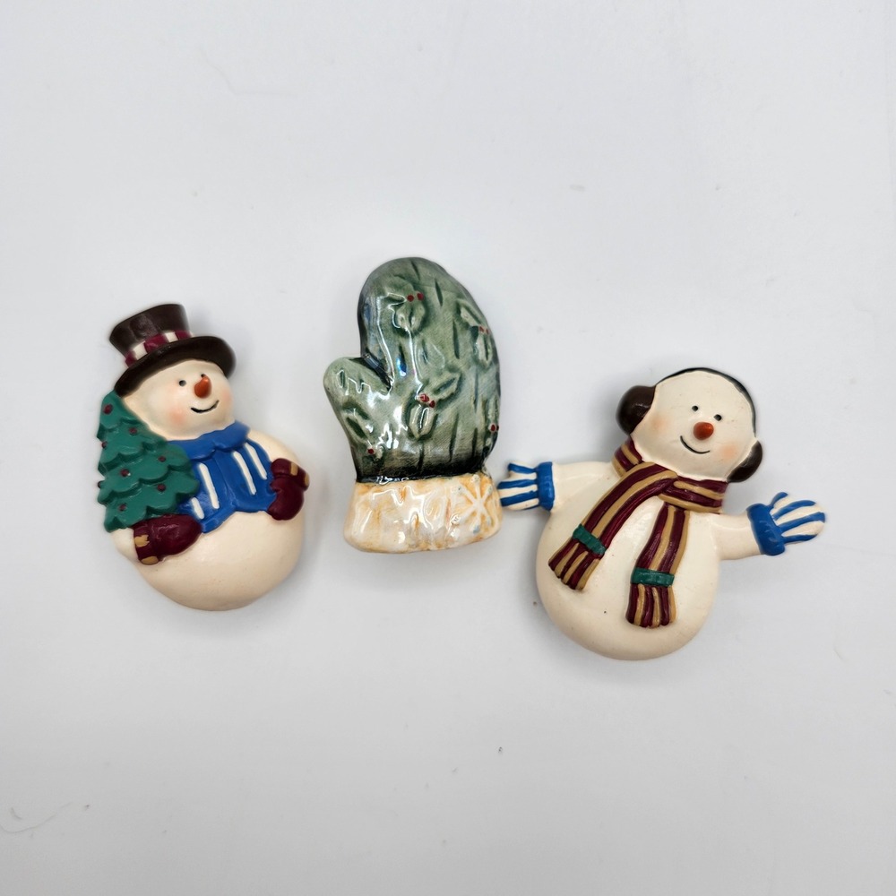 Vintage‎ Snowman & Mitten Christmas Brooch Pin Set 1990s Resin Ceramic Lot